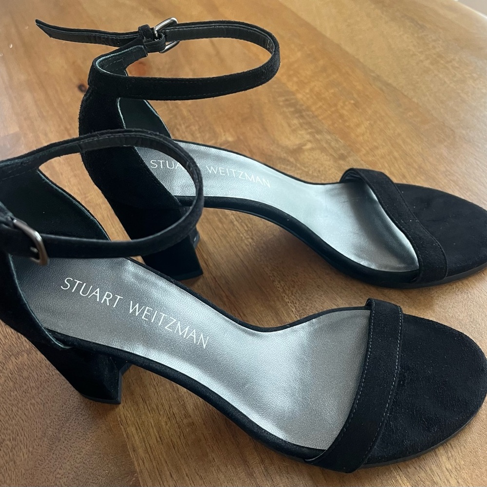 Stuart Weitzman Black Suede Block Heel Ankle Strap Sandals Size 7